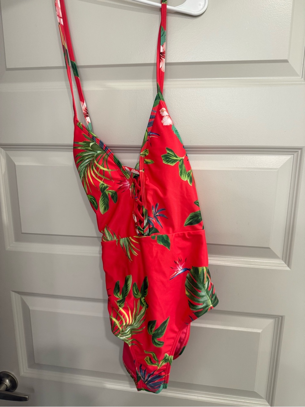Tropical Red One-Piece Swimsuit with Green Leaf Print